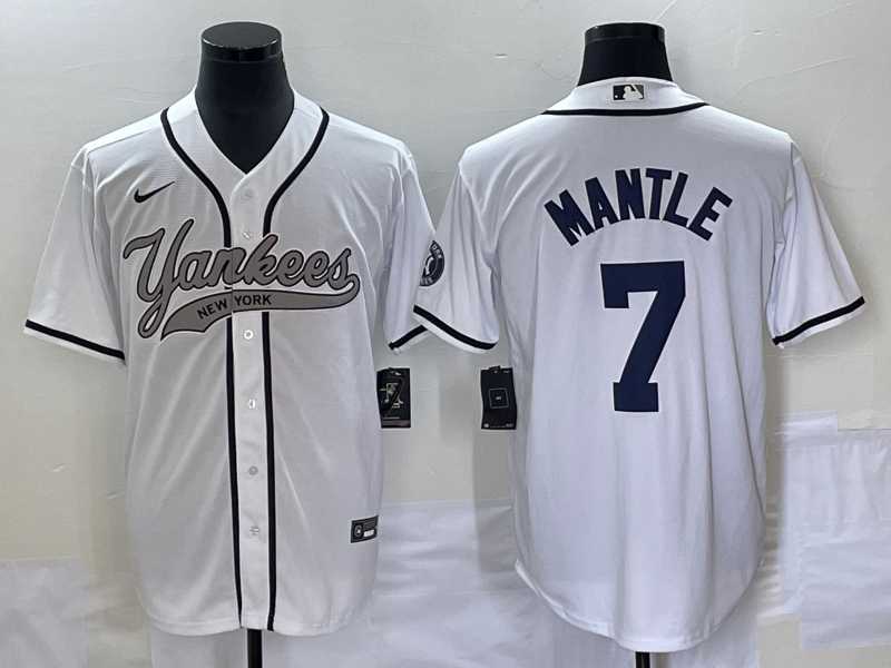 Men%27s New York Yankees #7 Mickey Mantle White With Patch Cool Base Stitched Baseball Jersey